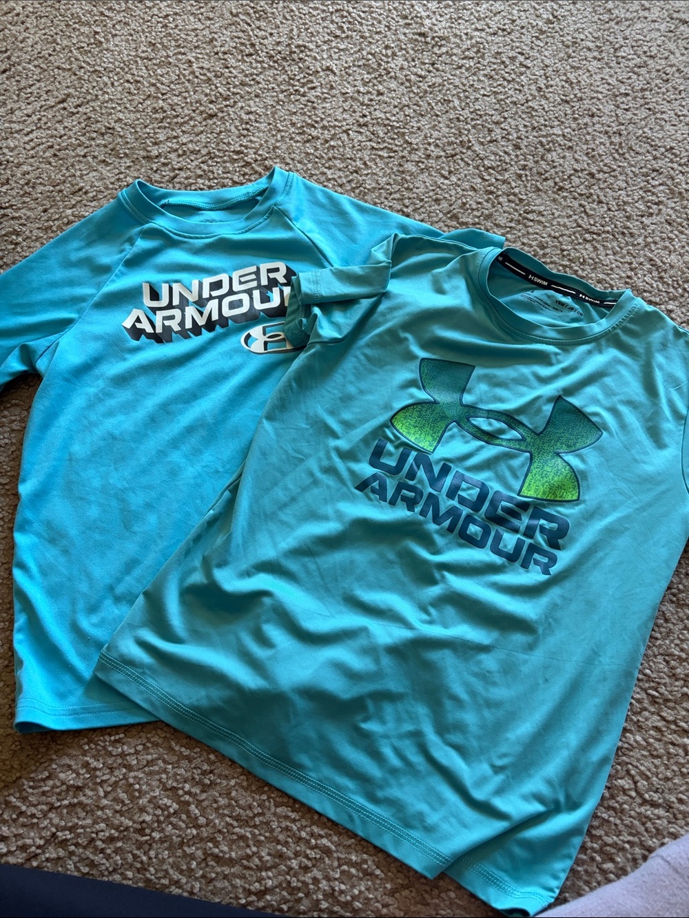 B62 Lot of 2 Youth Small Under Armour Turquoise Logo Tees